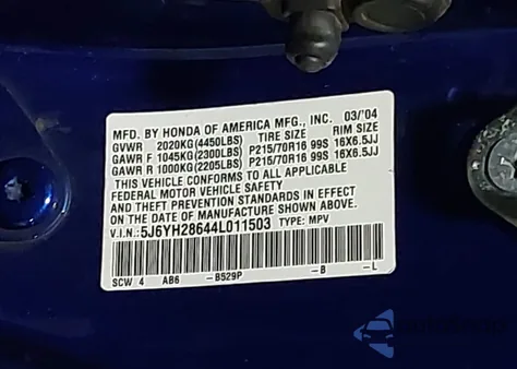 2004 Honda Element Ex from USA, damaged, VIN 5J6YH28644L011503